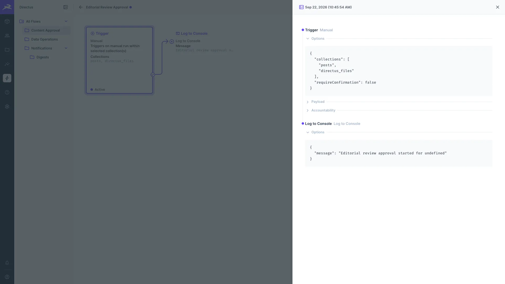 Logs from one flow execution. It shows the trigger payload and accountability, and the operation options and payload.