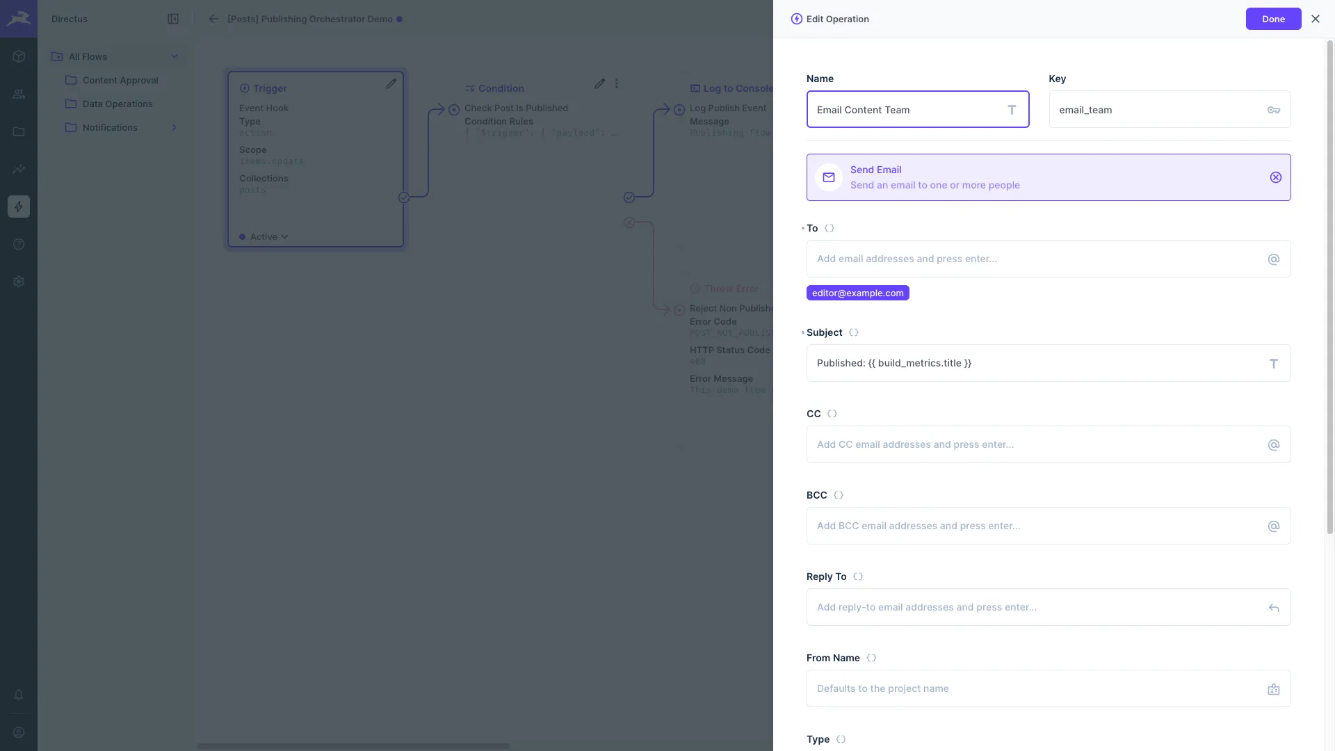 Send Email operation configuration