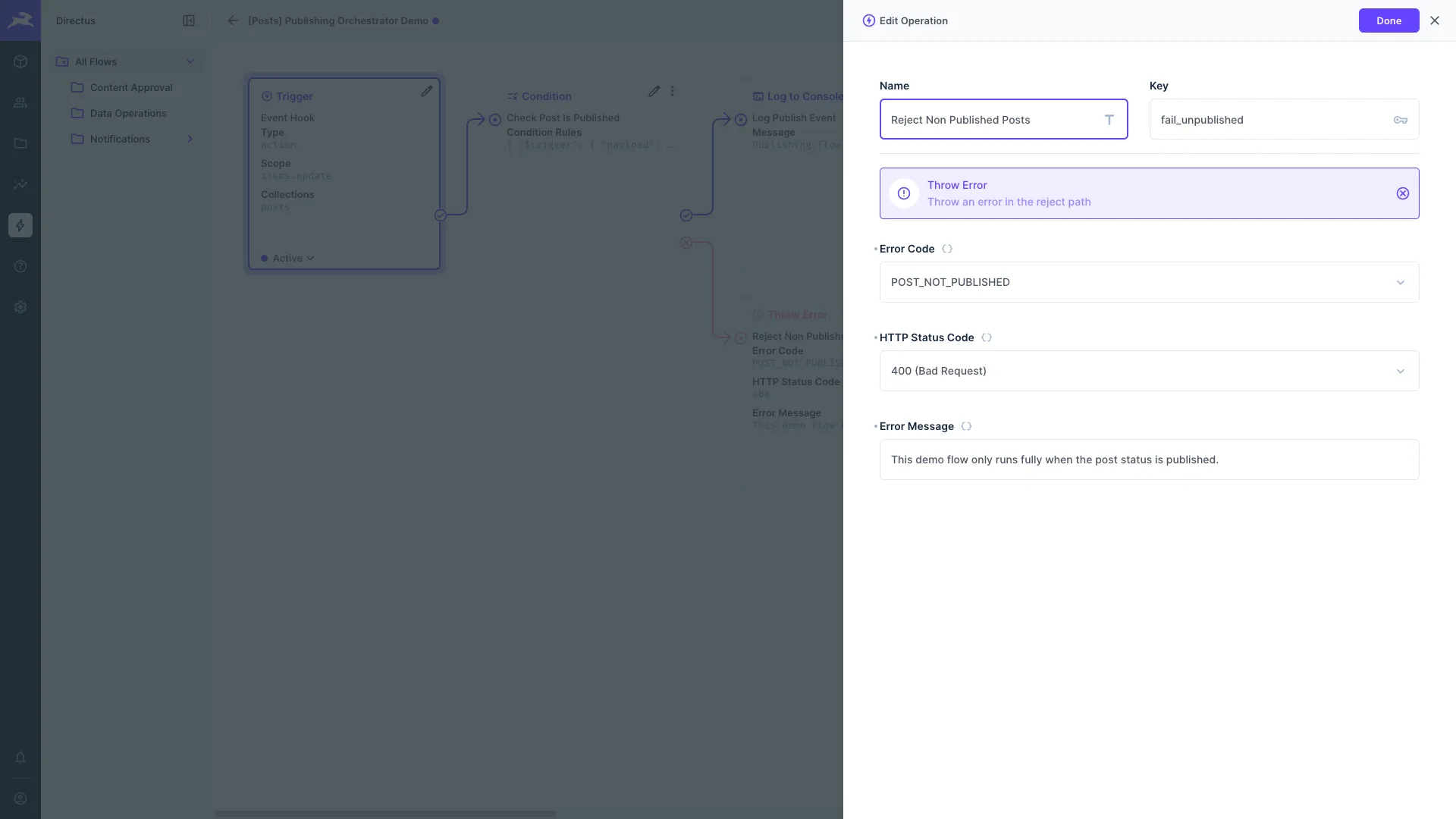 Throw Error operation configuration